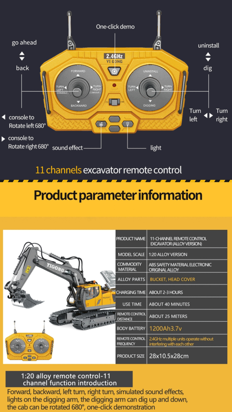 1/20 Scale Remote Control Excavator-Truck and Bulldozer-Metal Plastic Mixture Material High Quality Model Collectible Toy