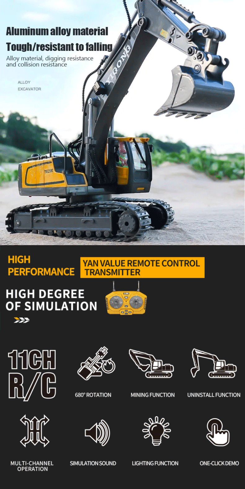 1/20 Scale Remote Control Excavator-Truck and Bulldozer-Metal Plastic Mixture Material High Quality Model Collectible Toy