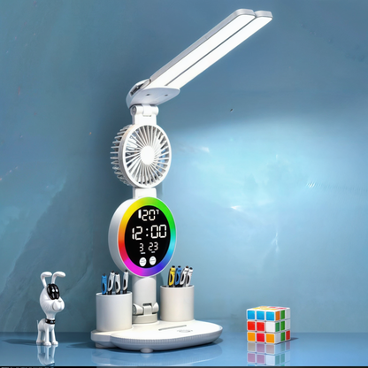 Rechargeable LED Desk Lamp and Pencil Holder - Reading Light with Fan, Clock, Alarm and Night Light