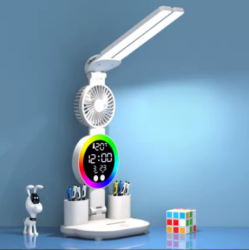 Rechargeable LED Desk Lamp and Pencil Holder - Reading Light with Fan, Clock, Alarm and Night Light