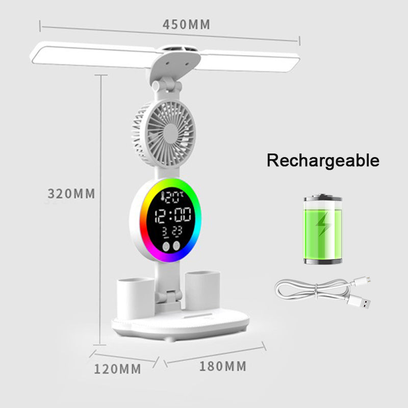 Rechargeable LED Desk Lamp and Pencil Holder - Reading Light with Fan, Clock, Alarm and Night Light