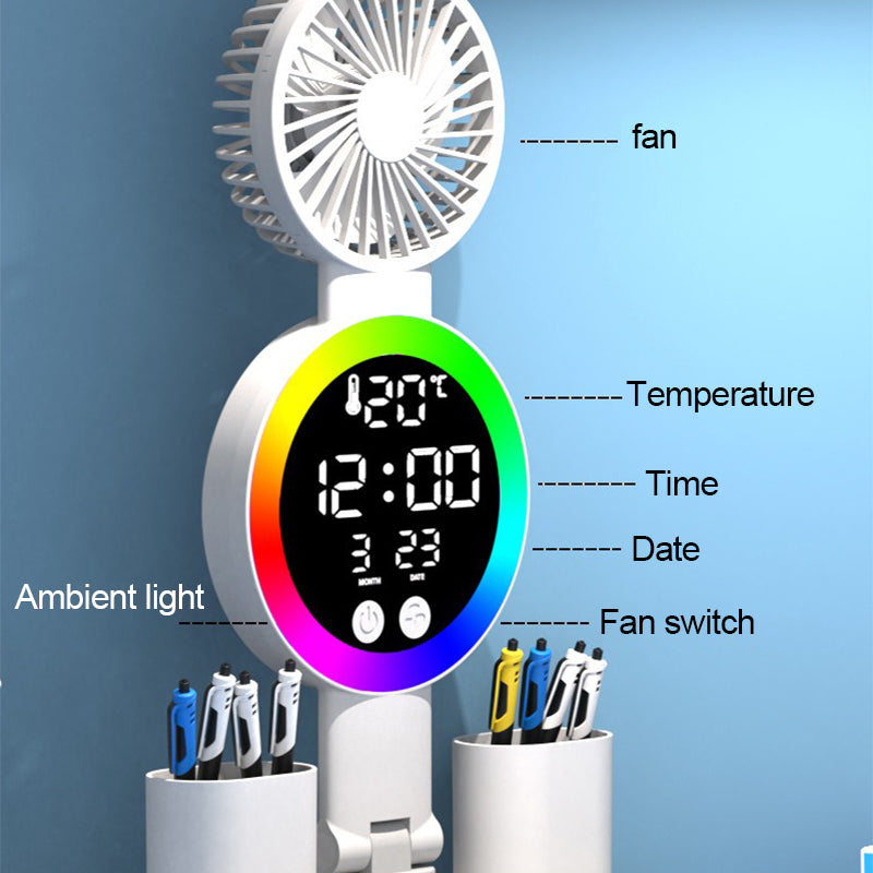 Rechargeable LED Desk Lamp and Pencil Holder - Reading Light with Fan, Clock, Alarm and Night Light