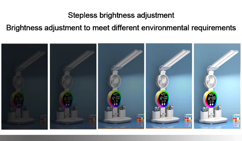 Şarjlı LED Masa Lambası ve Kalemlik - Fan, Saat , Alarm ve Gece Lambalı Okuma Işığı