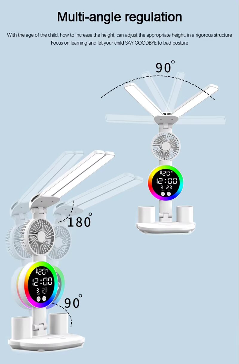 Şarjlı LED Masa Lambası ve Kalemlik - Fan, Saat , Alarm ve Gece Lambalı Okuma Işığı