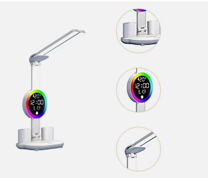 Rechargeable LED Desk Lamp and Pencil Holder - Reading Light with Fan, Clock, Alarm and Night Light